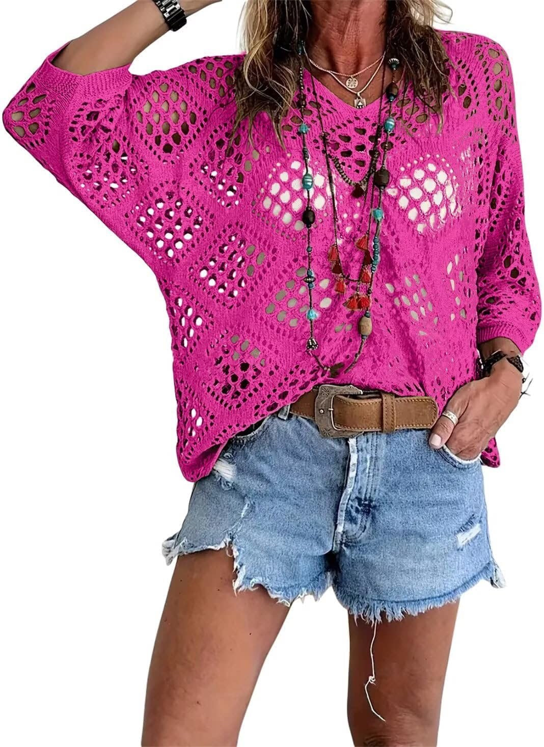 🥰Καλοκαιρινές Εκπτώσεις - 50% ΕΚΠΤΩΣΗ💛Γυναικείο Μπεζ Πλεκτό Μπλούζα με Μποέμ Εμπνευσμένο Στυλ και V-Λεπτομέρειες
