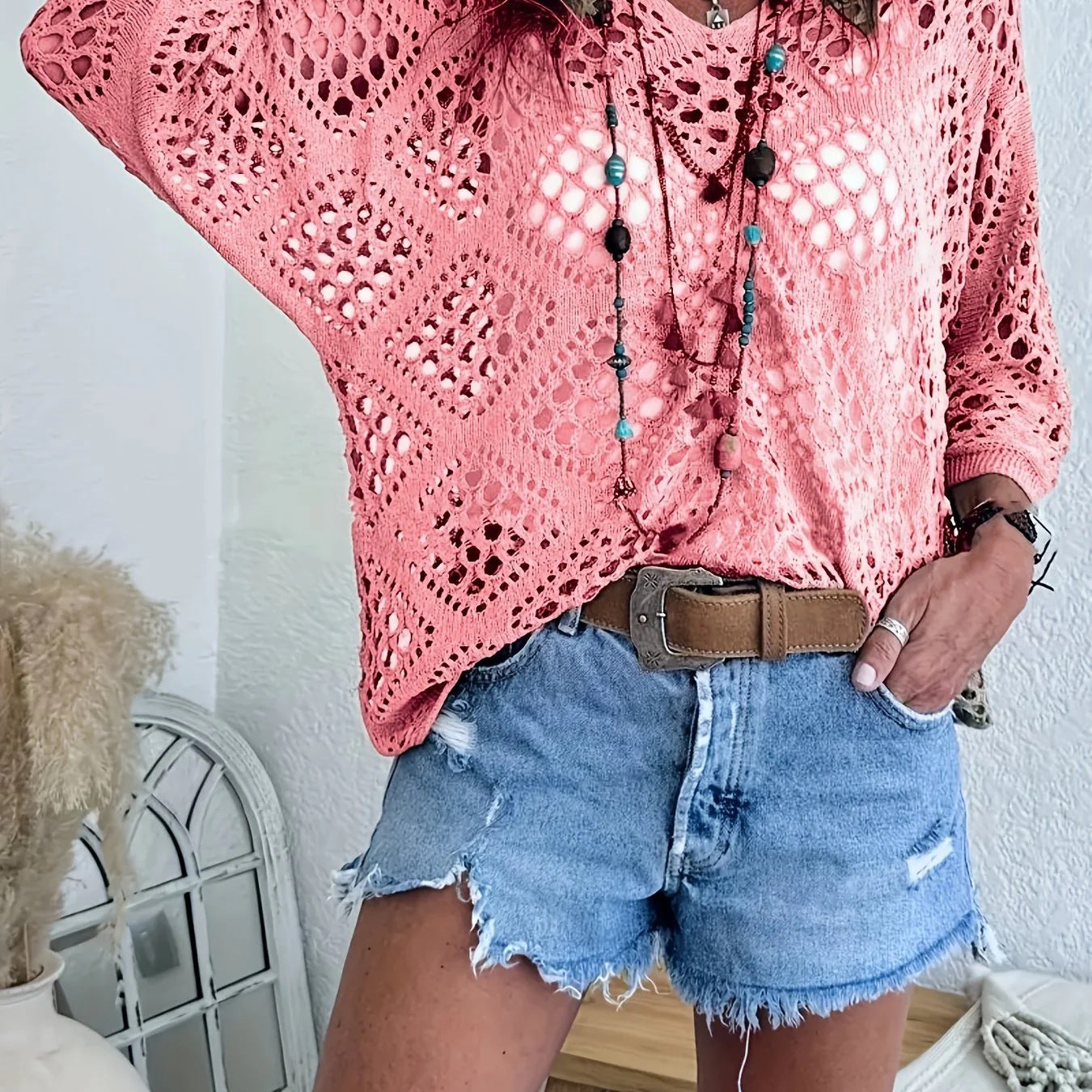 🥰Καλοκαιρινές Εκπτώσεις - 50% ΕΚΠΤΩΣΗ💛Γυναικείο Μπεζ Πλεκτό Μπλούζα με Μποέμ Εμπνευσμένο Στυλ και V-Λεπτομέρειες