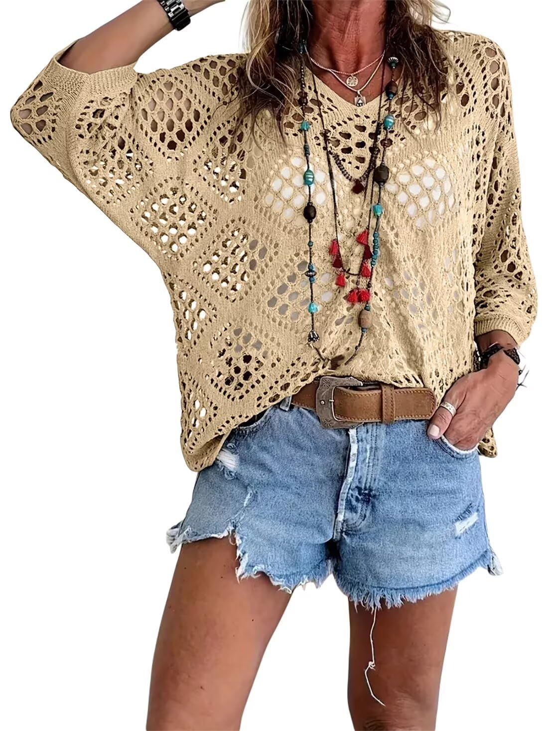 🥰Καλοκαιρινές Εκπτώσεις - 50% ΕΚΠΤΩΣΗ💛Γυναικείο Μπεζ Πλεκτό Μπλούζα με Μποέμ Εμπνευσμένο Στυλ και V-Λεπτομέρειες