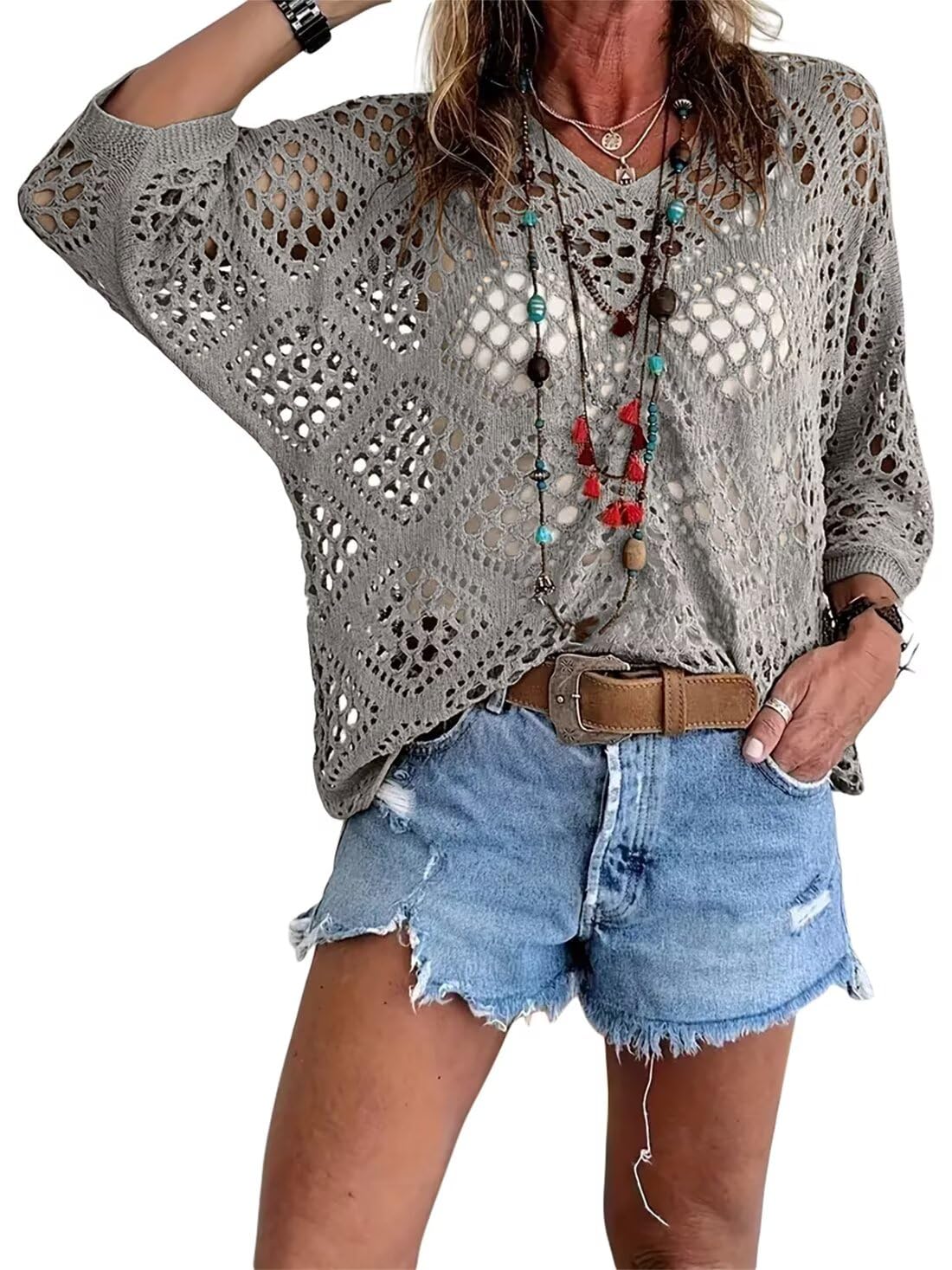 🥰Καλοκαιρινές Εκπτώσεις - 50% ΕΚΠΤΩΣΗ💛Γυναικείο Μπεζ Πλεκτό Μπλούζα με Μποέμ Εμπνευσμένο Στυλ και V-Λεπτομέρειες