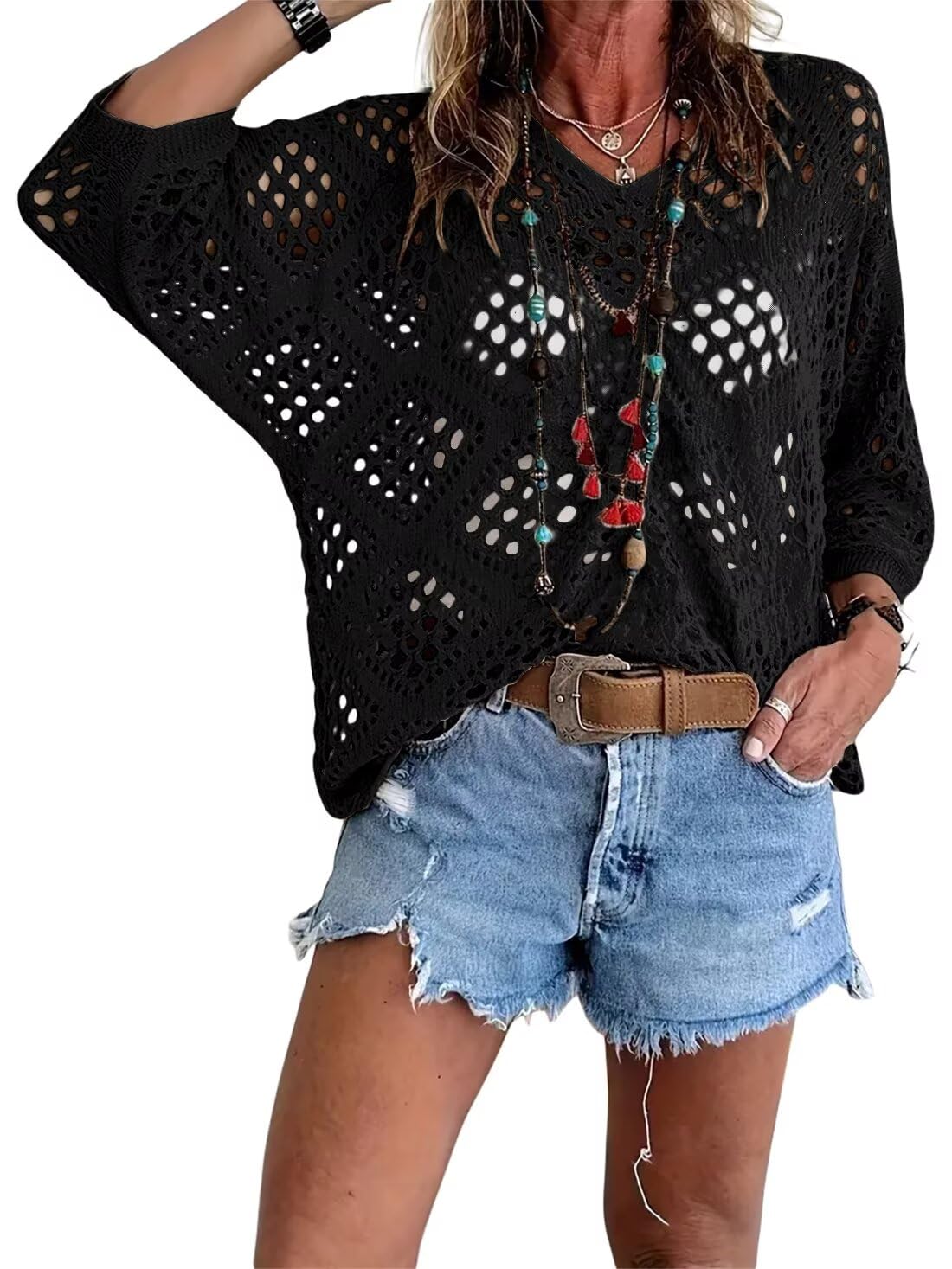 🥰Καλοκαιρινές Εκπτώσεις - 50% ΕΚΠΤΩΣΗ💛Γυναικείο Μπεζ Πλεκτό Μπλούζα με Μποέμ Εμπνευσμένο Στυλ και V-Λεπτομέρειες