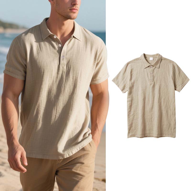 👕 Ανδρικό καθημερινό πουκάμισο από λινό με κοντά μανίκια και γιακά