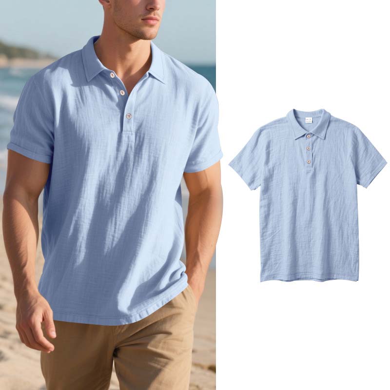 👕 Ανδρικό καθημερινό πουκάμισο από λινό με κοντά μανίκια και γιακά