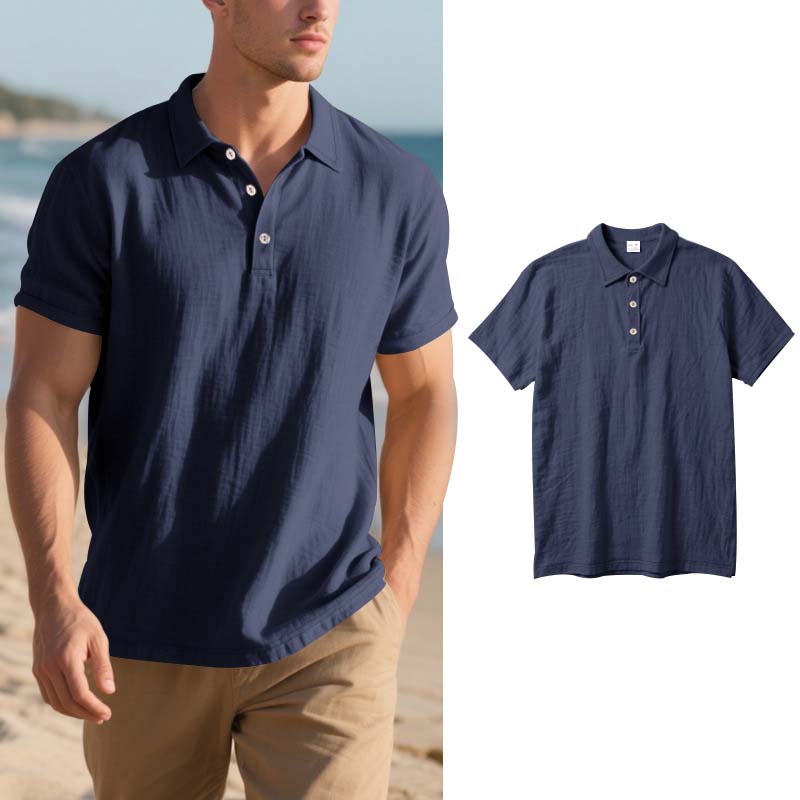 👕 Ανδρικό καθημερινό πουκάμισο από λινό με κοντά μανίκια και γιακά